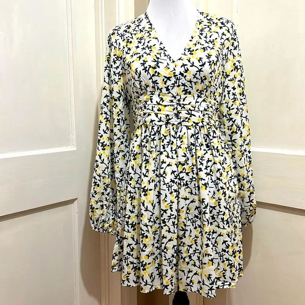 Boohoo Floral Raffia Long Sleeve MiniāDress White Yellow Spring Women 8